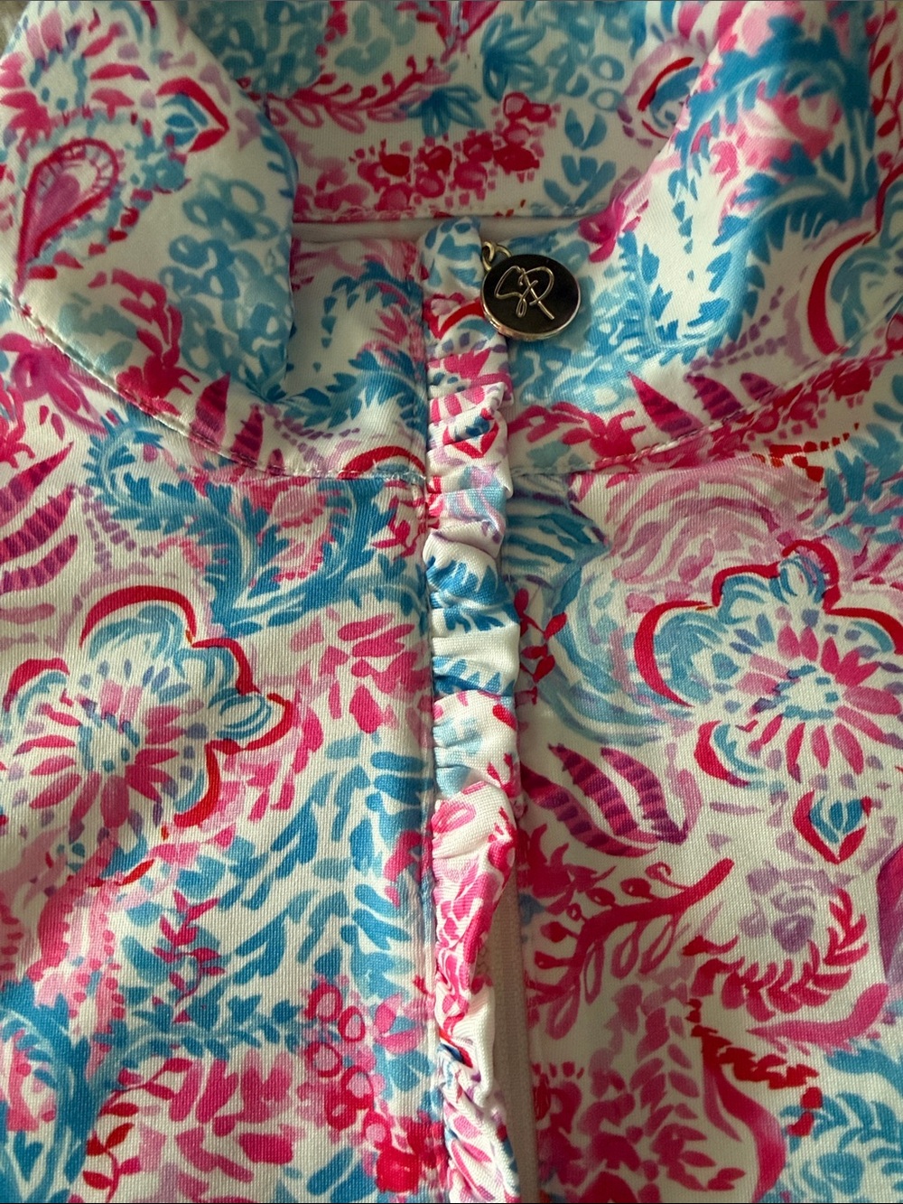 Floral Pink & Blue Button-Up performance Women's Top with white t shirt - Picture 2 of 4